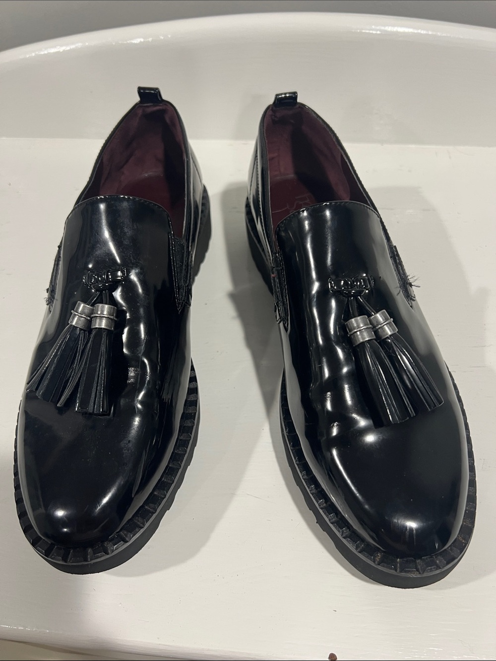 NWOT Franco Sarto Lucia Black Patent Tassel Slip-On Loafers womens 8.5